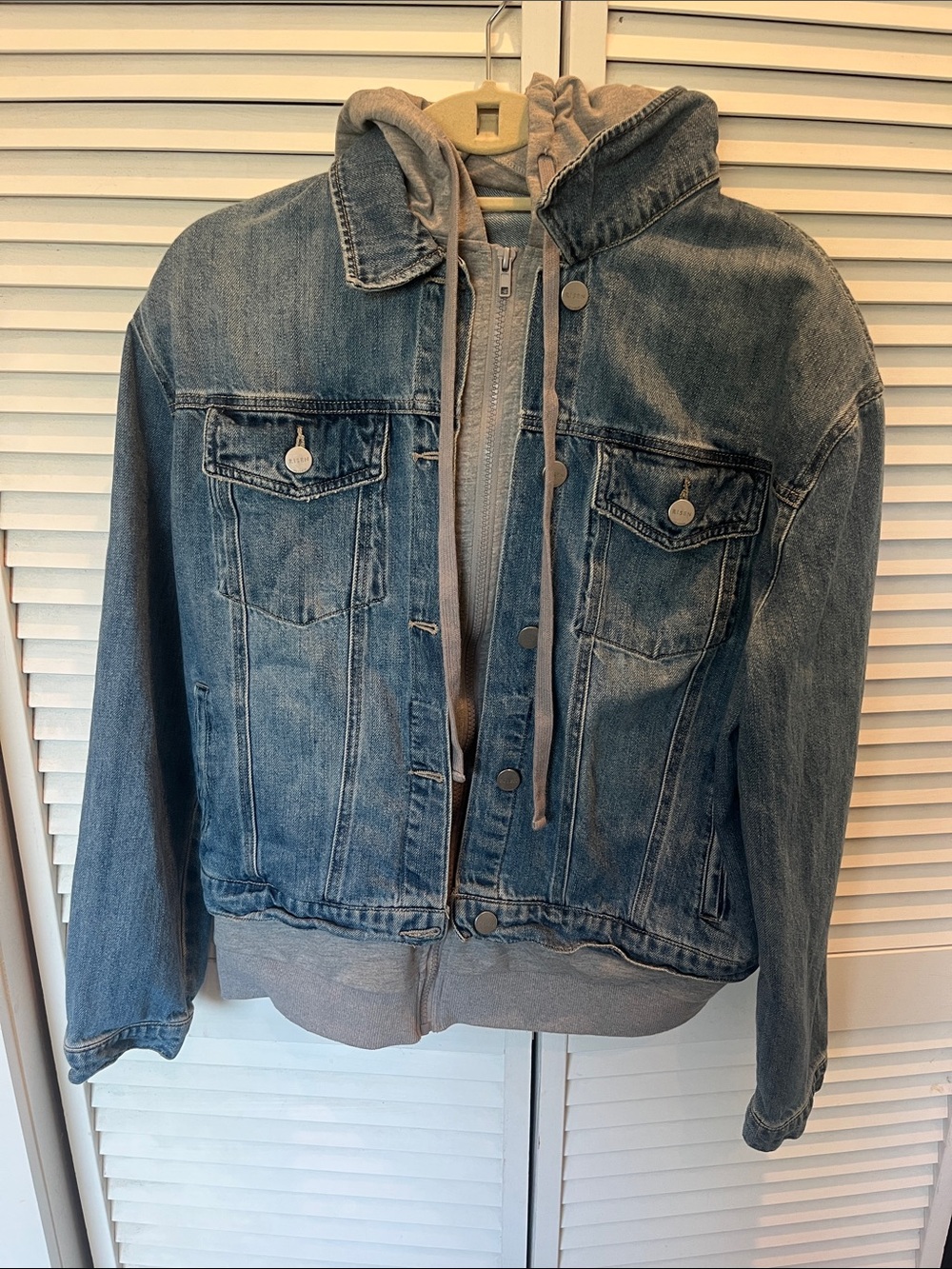 Risen Oversized Denim Jacket with Built-In Gray Hoodie